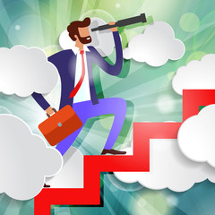 Businessman is walking up the stairs with telescope and briefcase among white paper clouds on beautiful spring green sunny rays light background