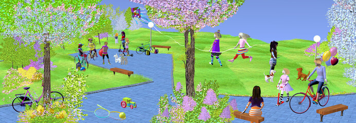 people, children and adults playing in the park, relaxing, green nature, fun, 3D illustration