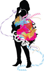 woman silhouette in a fancy dress, singing into a microphone, vector illustration over a white background