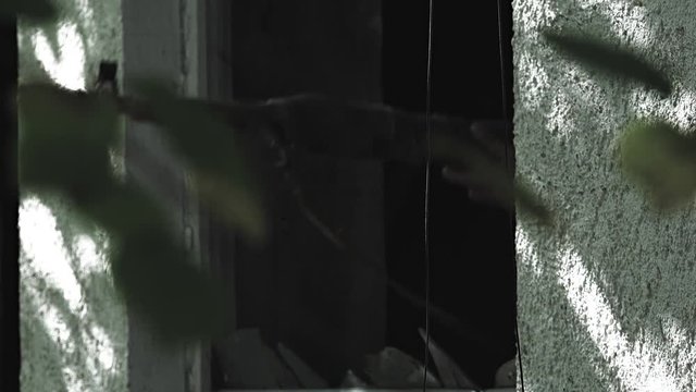 Sniper is aiming a target out of a broken window