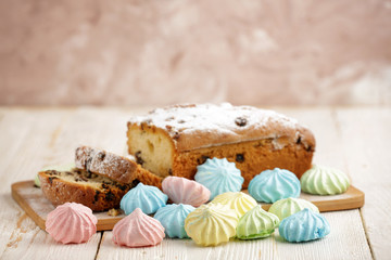Delicious homemade cake with raisins on a light wooden background. close-up. rustic. copy space.