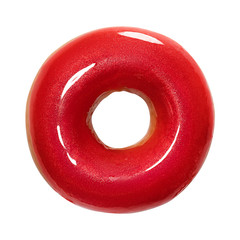 Donut with red glossy glaze isolated on white background. One round red Doughnut. Front view. Top...