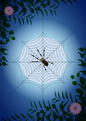 spider web among green branches and flowers on the background of the moon