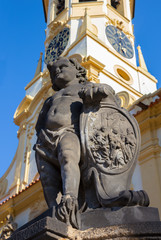 PRAGUE, CZECH REPUBLIC - OCTOBER 14, 2018: The baroque angel before facade of Loreto church  - designed by Kilian Ignac (1772).
