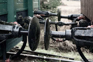 Close-up view of vintage metal train buffers