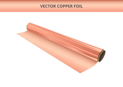 Vector Illustration Of Open Roll Of Copper Foil. Packaging Material, Tape, Decorative, Wrapping Or Adhesive Foil, Hot Stamping Foil Or Conductive Sheet Metal. Icon Is Isolated On White.