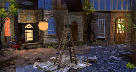 a double ladder standing in the middle of a yard, it is night, dark, with lights going on everywhere, lighted windows, 3D illustration, raster illustration