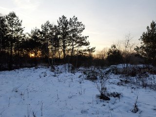 Zachód słońca zimą na wsi.
