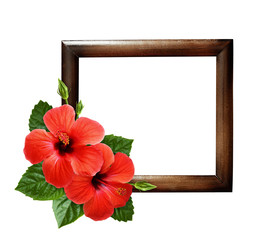 Red hibiscus flowers in corner tropical arrangement on wooden frame