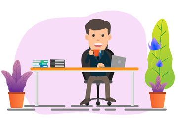 Business man sitting at his desk and working on laptop vector illustration. flat design.