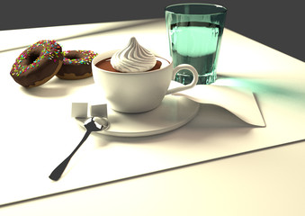 a cup of coffee with cream, chocolate donuts, and a glass of water, over a white background, 3D illustration, raster illustration