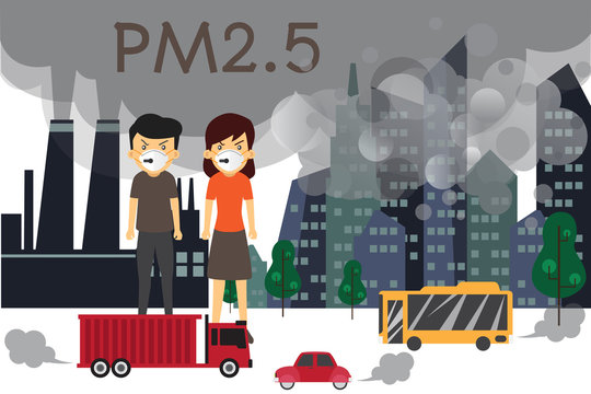Environmental air pollution infographics set with information about environmental impact. Air Pollution and cartoon character, Dust pm 2.5 vector illustration.