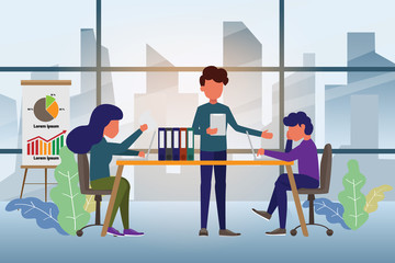Coworking space with creative people sitting at the table. Business team working together at the desk using laptops and discussion. vector illustration.