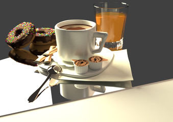 coffee with donuts and a glass orange juice, 3D illustration, raster illustration, over a grey background