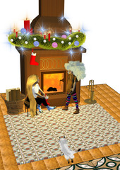 two girls with extremely long blonde hair and big blue hair are sitting next to a decorated fireplace, it's chrismas time, 3D illustration, raster illustration