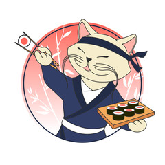 Kawaii cartoon cat chief with sushi (rolls) and chopsticks. Sushi bar or restaurant vector logo template. Japanese traditional cuisine, Korean, Chinese, Asian food icon. Funny cat character doodle