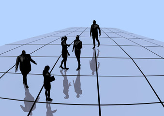 stylized business people silhouettes, walking and talking, over a blue background, 3D illustration, raster illustration