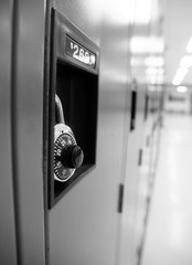Naklejka premium Wall of lockers in a school hall in black and white