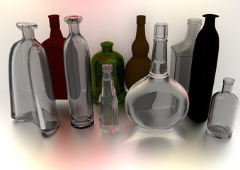 bottles standing in perspective, over a gray background, in diffuse light, all of them empty, 3D illustration, raster illustration
