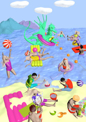 children playing on a beach with a dragon, raster illustration
