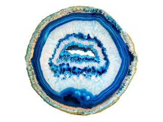 Amazing white blue Agate Crystal cross section isolated on white background. Natural translucent agate crystal surface, Blue abstract structure slice mineral stone macro closeup