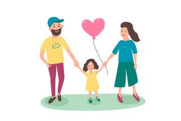 The happy family went for a walk. Father, mother and daughter go taking each other's hand. The child holds a balloon in his hand in the shape of a heart. Vector flat illustration.