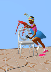 an ant girl towering two chairs and preparing for a speech, over a blue background, 3D illustration, raster illustration
