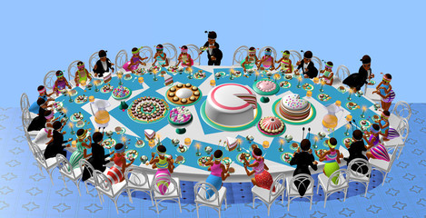 an ant party table, ants having a celebration, cartoon style, over a blue background, 3D illustration, raster illustration