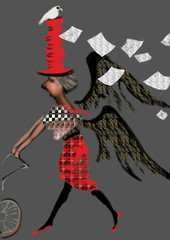 a woman in an oversized red hat and a red skirt and dark wings, sharing mail over a gray background, raster illustration