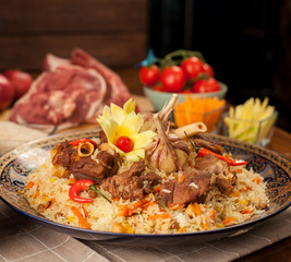 Pilaf. Meat dish of the peoples of Central and Central Asia, rice, meat and onions, suitable for the Nauryz or Navruz holidays, as well as during the Holy month of Ramadan and the holidays of Uraz Ait