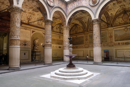 Courtyard of the Palazzo Vecchio (Old Palace) a Massive Romanesque Fortress Palace, is the Town Hall of Florence, Italy