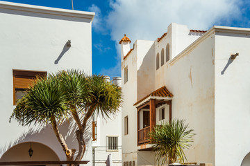 Fototapeta na wymiar Spain. City block. White houses and palm trees against the blue sky
