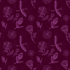 Seamless pattern abstract line flower and blossom. Hand drawn ornament vintage plant.