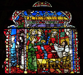 Miracle of the sinful Abbess by Leonardo di Simone, stained glass window in Orsanmichele Church in Florence, Italy