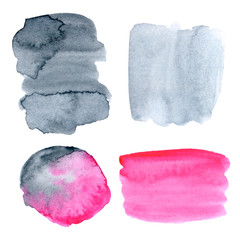 Set of 4 Watercolour spots. Real trendy paint texture streak and paint brush strokes isolated on white background. Bright modern style.