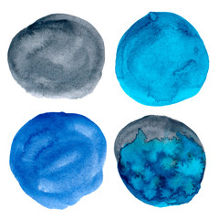 Set of 4 Watercolour spots. Real trendy paint texture streak and paint brush strokes isolated on white background. Bright modern style.