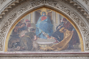 Mary surrounded by Florentine Artists, Merchants and Humanists, Right Portal of Cattedrale di Santa Maria del Fiore, Florence, Italy