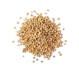 Coriander seeds isolated on white background. top view