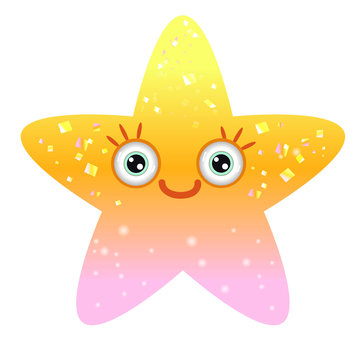 Shiny yellow star with smiling eyes. Emoji star in gradient.