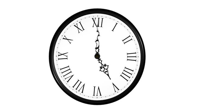 Antique wall clocks isolated on white background. Vintage arrows rotation 360 degrees