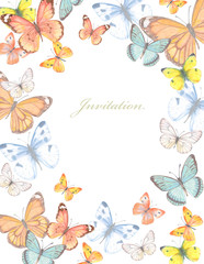 invitation card with lovely flying butterflies on white background. watercolor painting