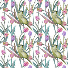 fancy seamless texture with lovely tulips and birds. watercolor painting