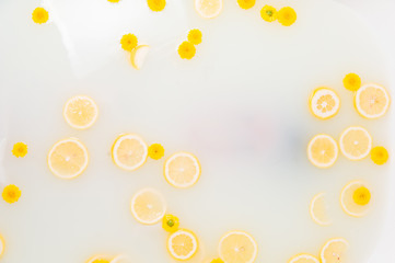abstract background with yellow flowers and lemons in milky water. Spa concept.