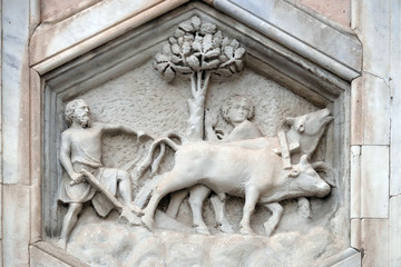 Agriculture from the workshop of Andrea Pisano, Relief on Giotto Campanile of Cattedrale di Santa Maria del Fiore (Cathedral of Saint Mary of the Flower), Florence, Italy