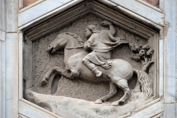 Allegory of Hunting from the workshop of Pisano, Relief on Giotto Campanile of Cattedrale di Santa Maria del Fiore (Cathedral of Saint Mary of the Flower), Florence, Italy