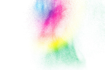 Multicolored powder explosion on white background.