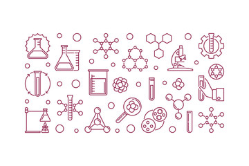 Obraz premium Vector Chemistry minimal illustration or banner made with flask, test-tube, molecule, atom outline icons