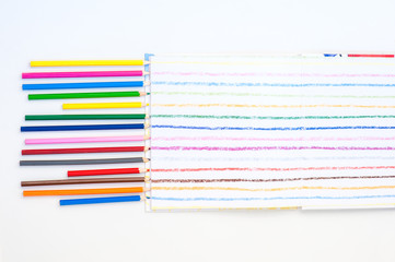 color pencils with colored stroke. Straight bold color lines drawed.