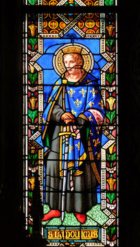 Saint Ludovicus, stained glass window in the Basilica di Santa Croce (Basilica of the Holy Cross) in Florence, Italy