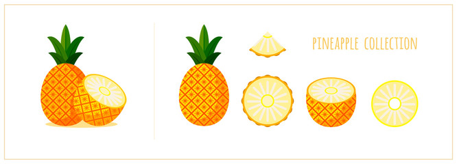 Vector pineapple icons set. Cartoon pineapple flat design. Whole, half, sliced ananas isolated on white background. Fresh, sweet and exotic fruit. Vector illustration. EPS 10